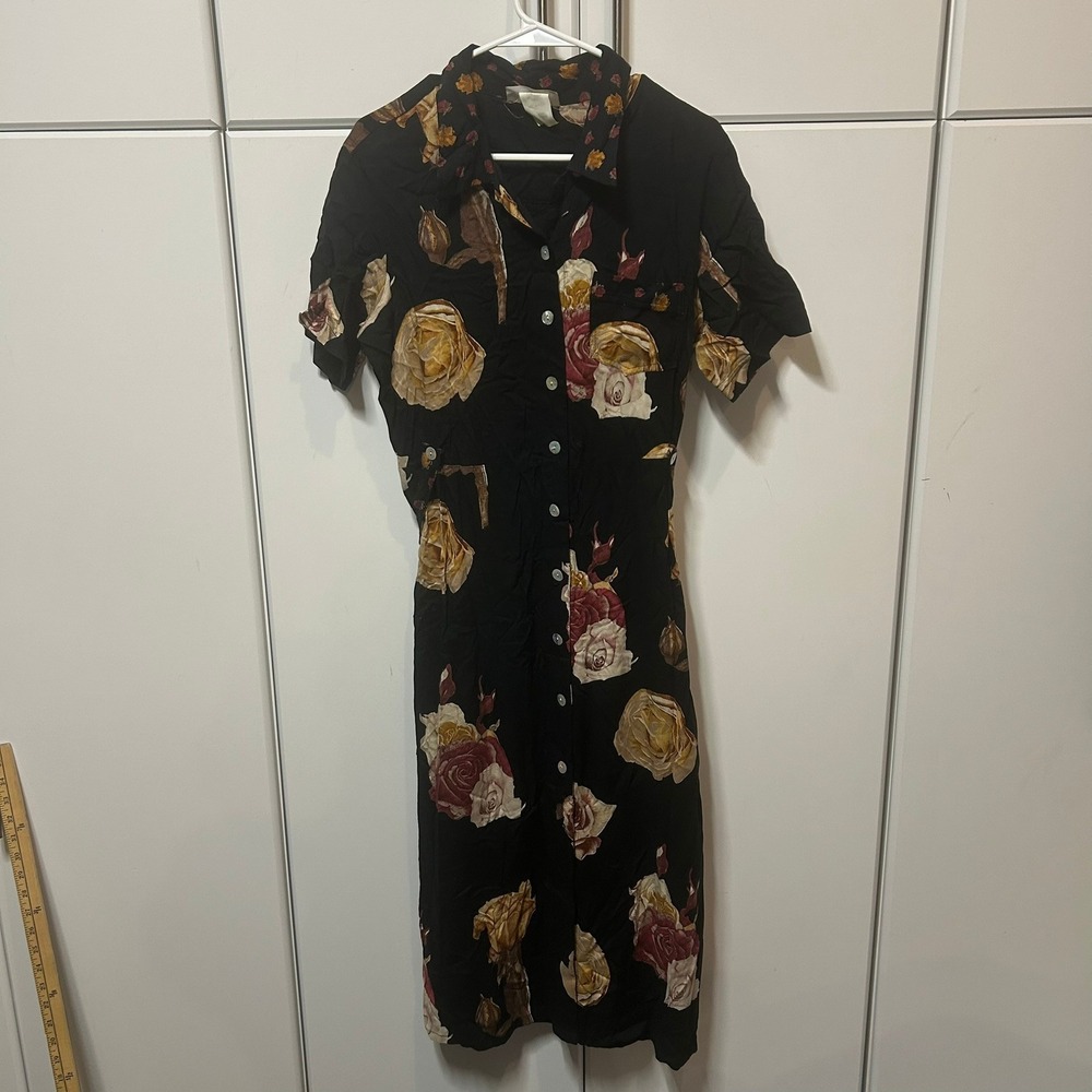 Vintage Chorus Line Floral Rose Button Front Midi Dress Black Rayon 90s Size 12